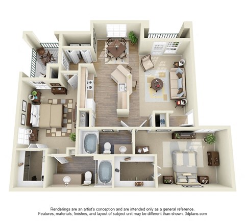 Floor plan for 2 beds, 2 baths, 1097 sqft